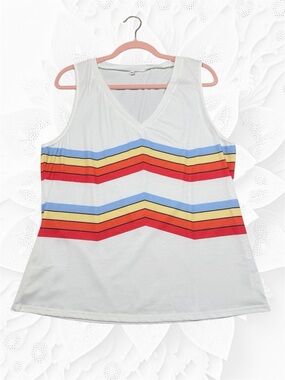 Sleeveless V-Neck Stripe Tank Top - White with Red, Yellow & Blue